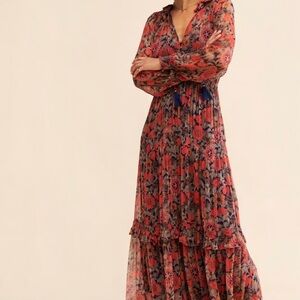 Anthropologie coral and Blue Long Sleeve Sundress